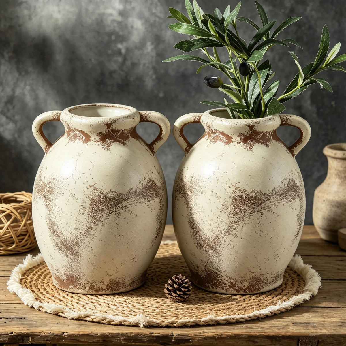 Ceramic Vase Set of 2 Ribbed Matte Rustic Farmhouse Decor