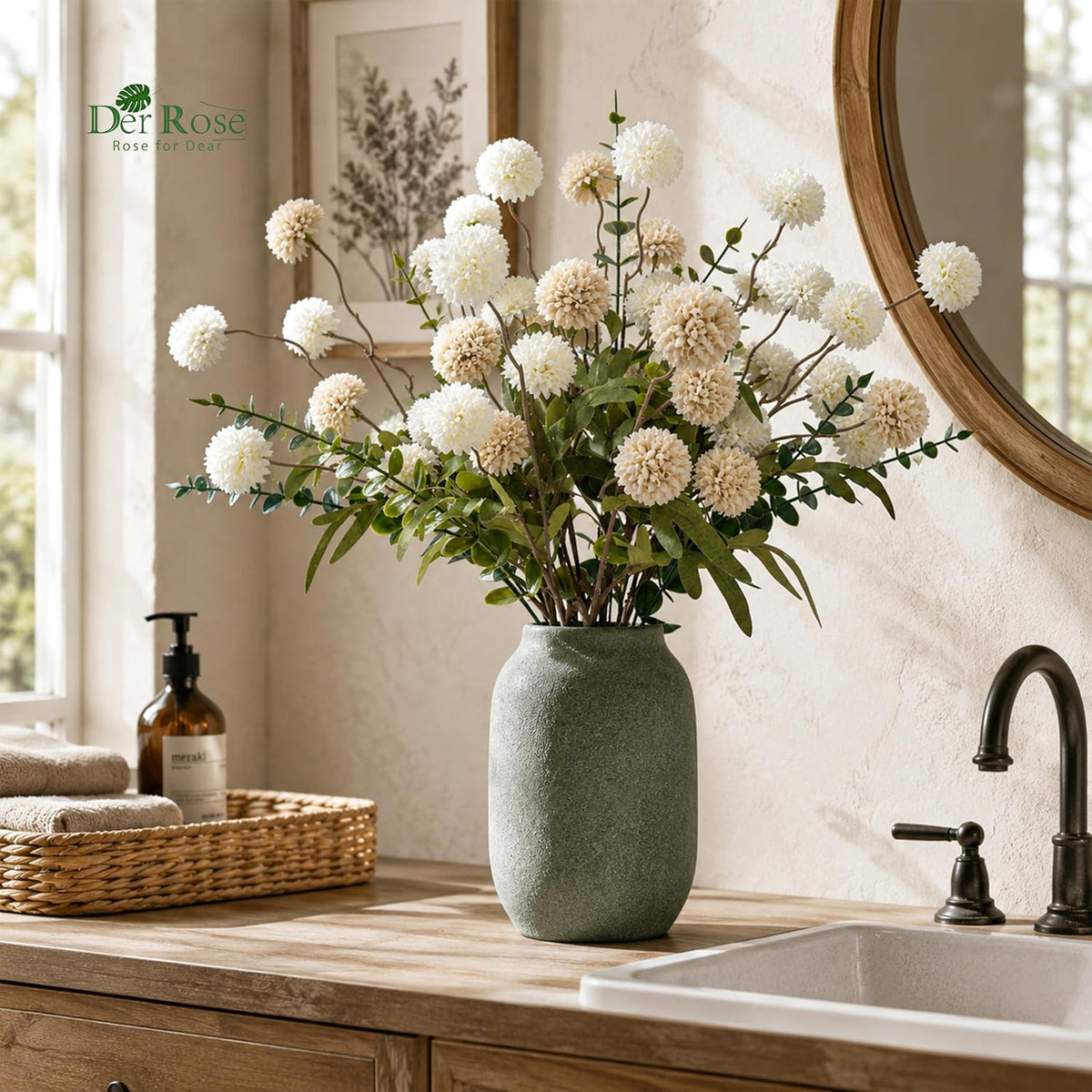 Der Rose 18Pcs Fake Flowers White Blooms and Eucalyptus for Spring Decor
