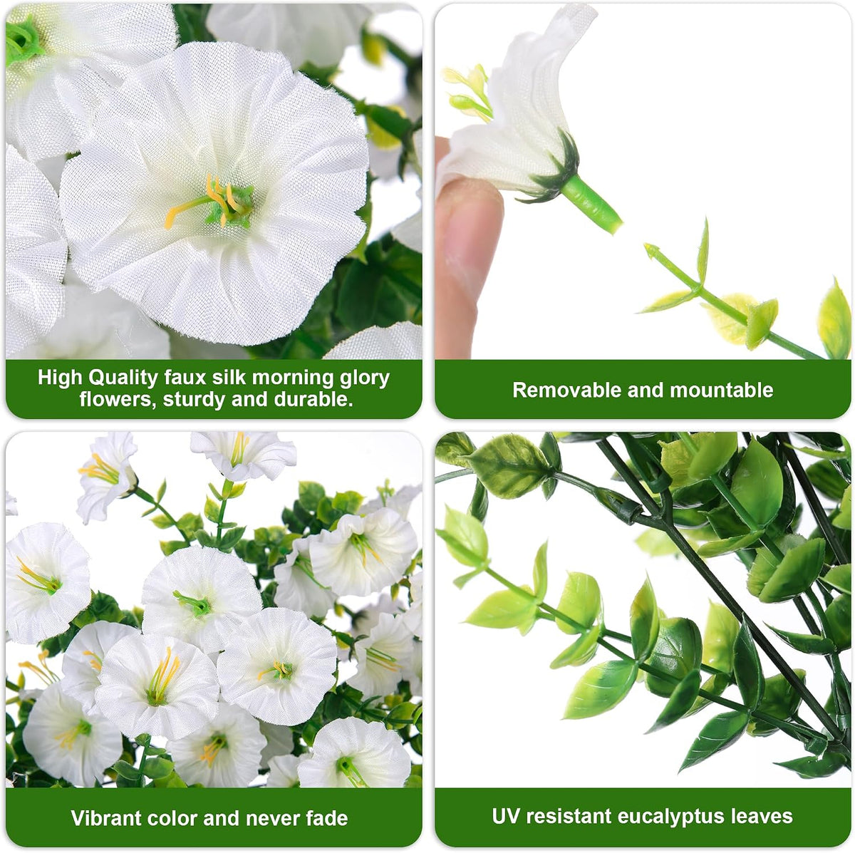 Artificial Faux Hanging Flowers Plants for Outdoor Decor,2 PCS Fake Silk Morning Glory with Eucalyptus UV Resistant Realistic Trailing Vines for Wall Home Porch Patio Balcony Yard Indoor Decor,White
