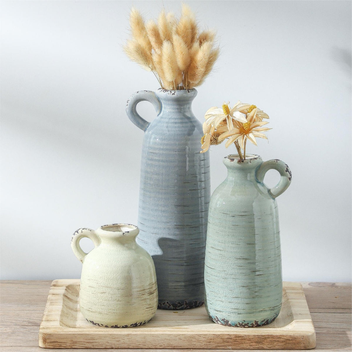 Ceramic Vase Set of 3, Rustic Neutral Vases Home Decor Farmhouse Decorative Flower Vase Modern Boho Pampass Vases for Table Mantel Entryway Shelf Living Room Kitchen Bathroom - Multicolor