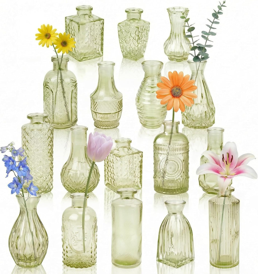 Glass Bud Vases in Bulk Small Mini Green Vase for Flowers 17pc