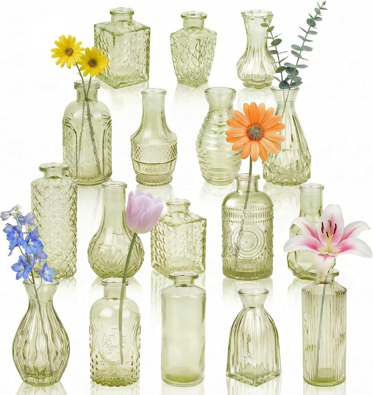 Glass Bud Vases in Bulk Small Mini Green Vase for Flowers 17pc