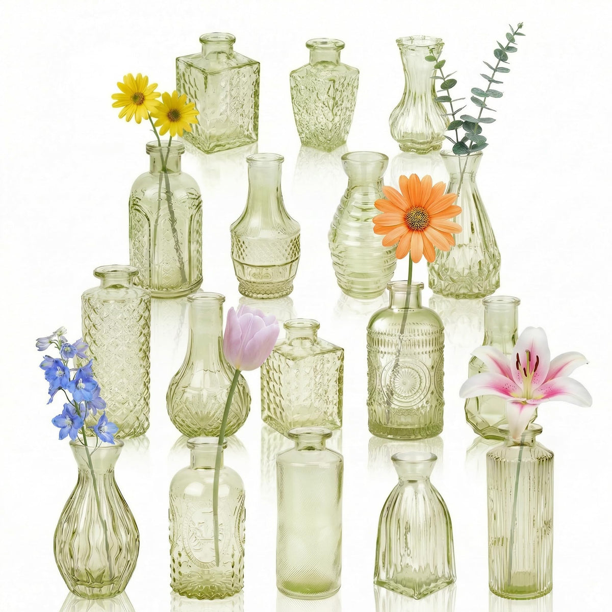 Glass Bud Vases in Bulk Small Mini Green Vase for Flowers 17pc