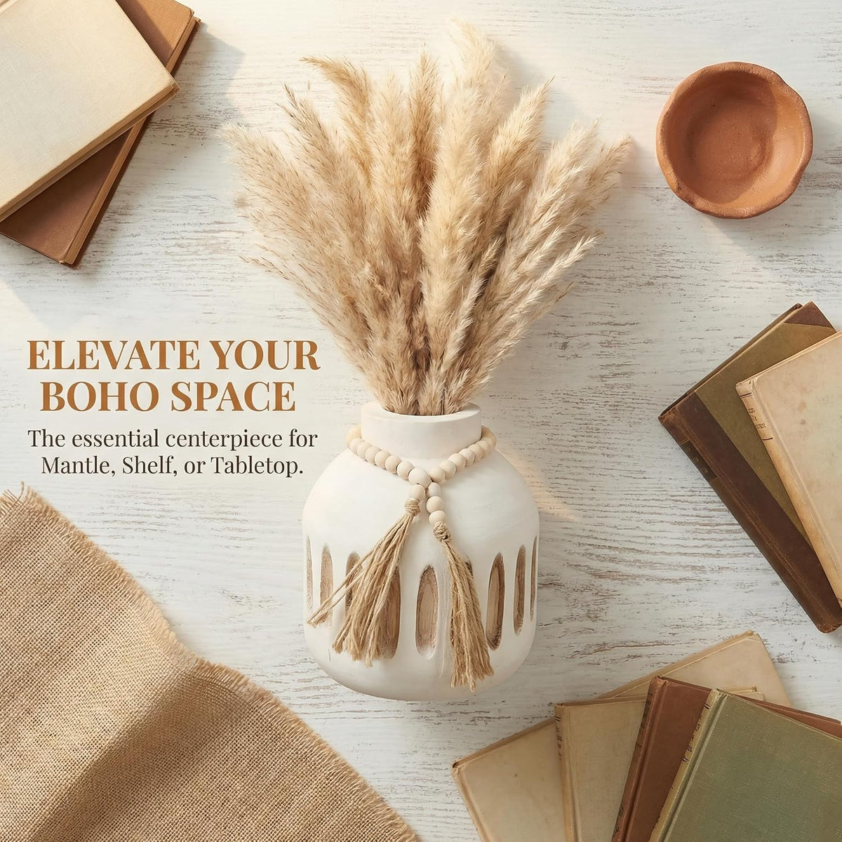 Handmade Wooden Vase with Decorative Beads and Tassels