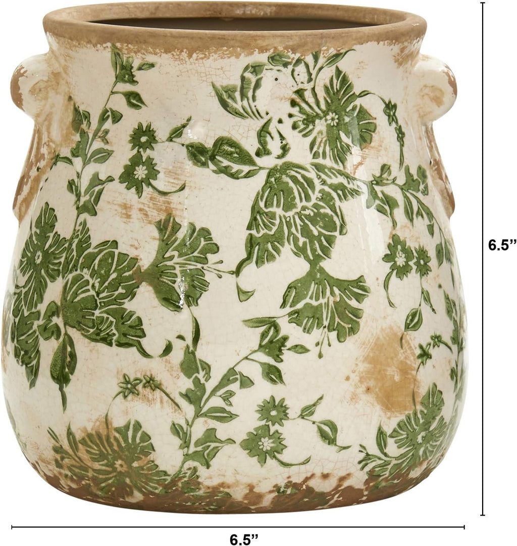 Nearly Natural 6.5 in Tuscan Ceramic Green Floral Scroll Decorative Vase