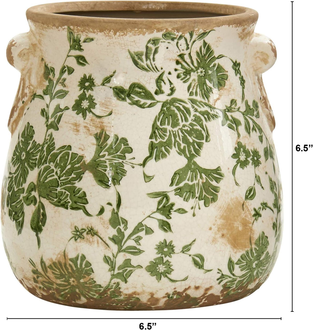 Nearly Natural 6.5 in Tuscan Ceramic Green Floral Scroll Decorative Vase