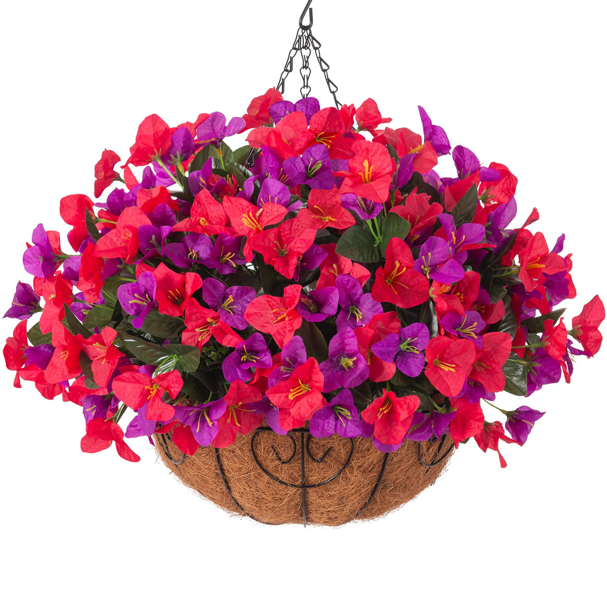Artificial Hanging Flowers Faux Plants Basket for Outdoors Fall Winter Decor, Fake Silk Bougainvillea in Planter Outdoor Look Real UV Resistant Faux Flower for Outside Porch Patio Garden Home, White