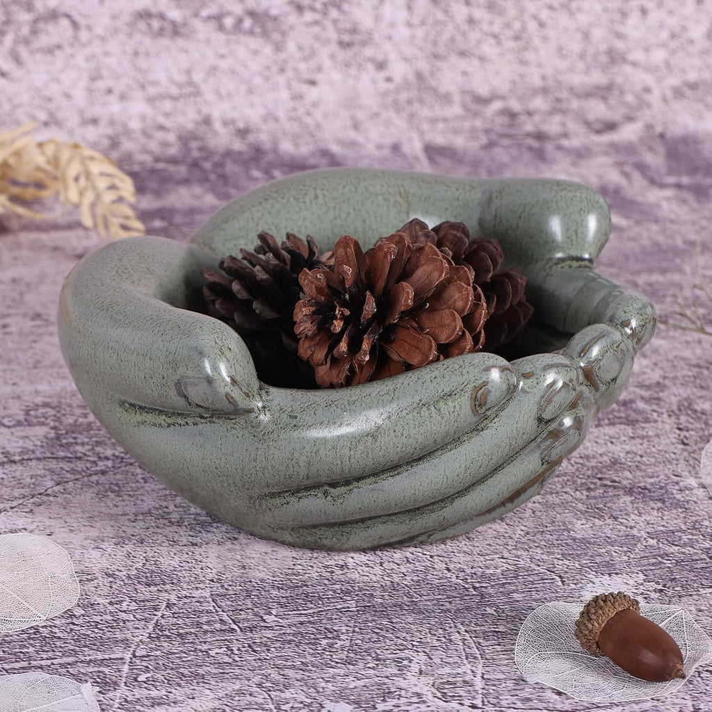 orenm Ceramic Hands Bowl Dish Sculpture, Offering Hands Dish Candy Holder,for Succulent Planter, Crystal Rock Holder, Office, Keys Bowl for Entryway Table（Green ）