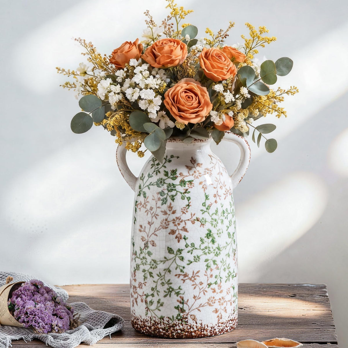 Enra Blue and White Ceramic Vase with Handles, Chinoiserie Floral Decor