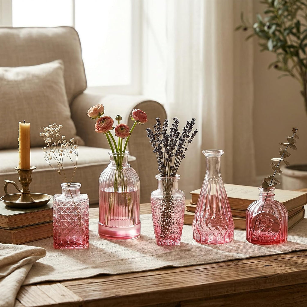 CUCUMI 12pcs Bud Vases for Centerpieces, Pink Glass Vase Set