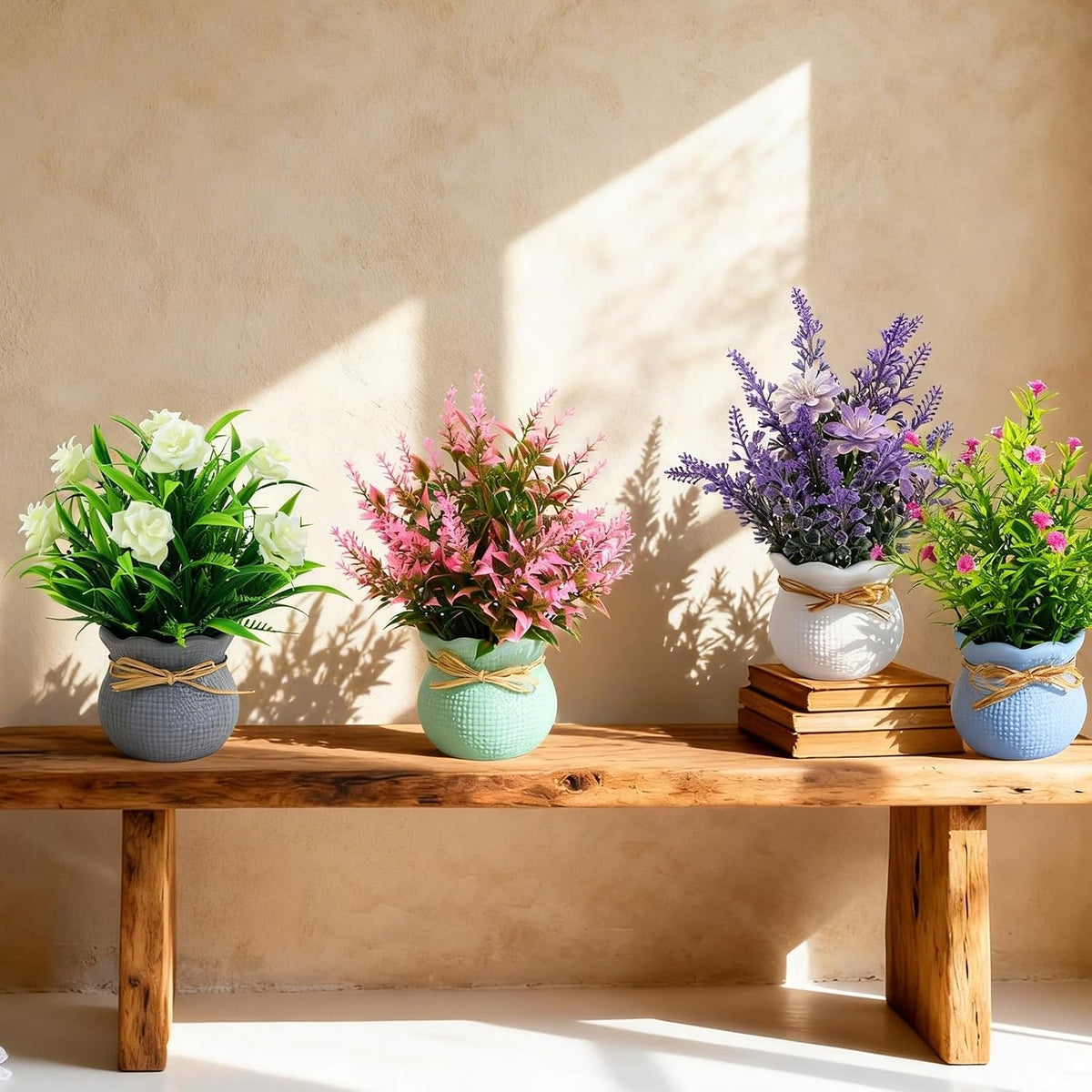 Yoratee 6PCS Artificial Flowers Pot Small Fake Plants with Mini Potted Plants for Home Office Tabletop Centerpiece Decoration