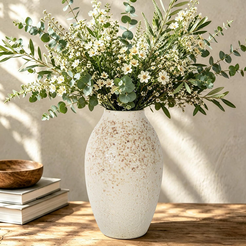 Cream Ceramic Flower Vase Speckled Bubble Glaze Home Decor