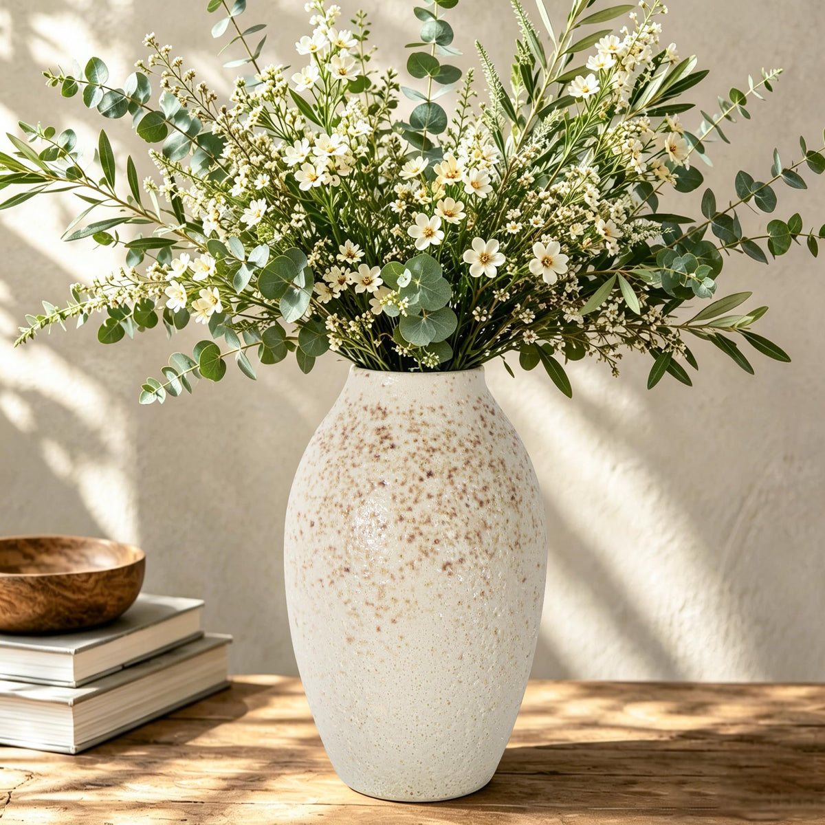 Cream Ceramic Flower Vase Speckled Bubble Glaze Home Decor