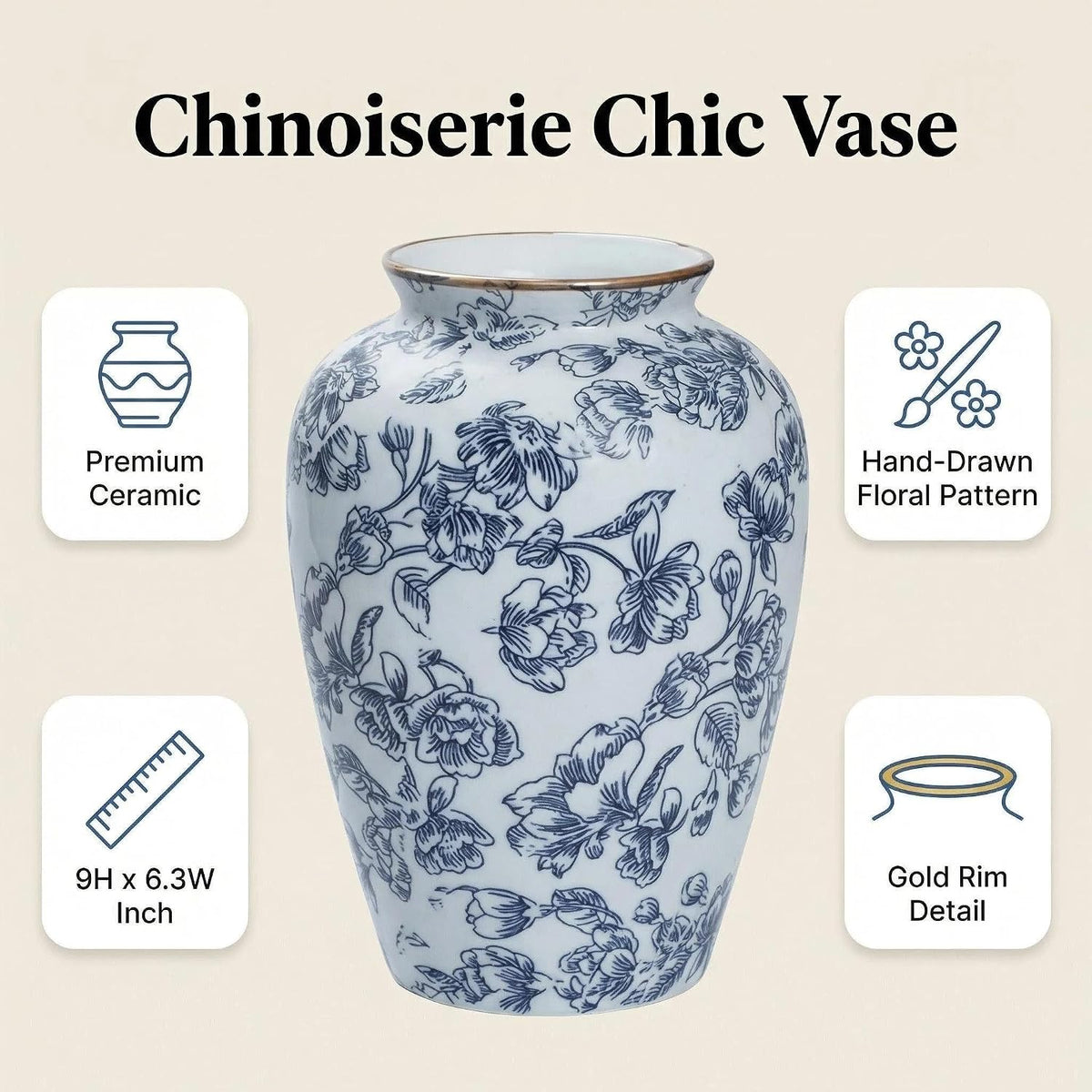 Blue and White Chinoiserie vase - Vintage Ceramic vase with Antique Design, Perfect for Chinoiserie Home Decor 9in Flower vase04