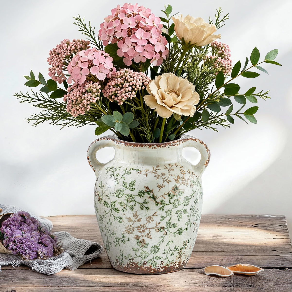 Enra Blue and White Ceramic Vase with Handles, Chinoiserie Floral Decor