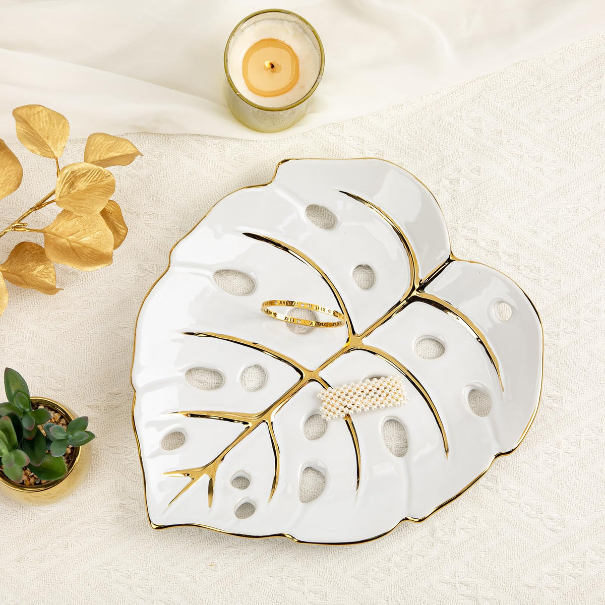 Ceramic Leaf Shaped Decorative Tray, Black Gold Monstera Leaf Plate 12.6"x11" for Jewelry, Keys, Snack, Candle Holder, Modern Table Centerpiece Home Decor