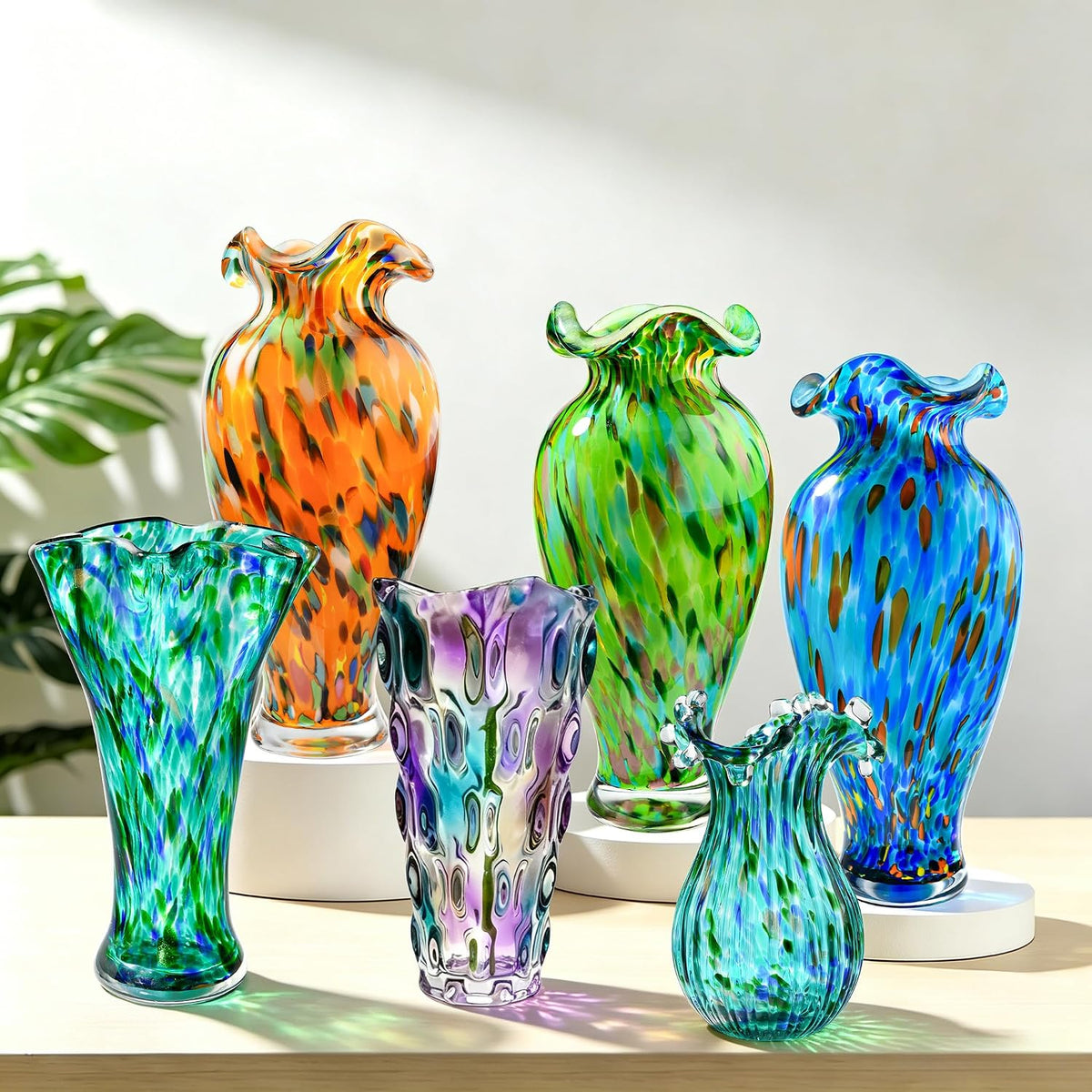 9 inch Tall Green Glass Vases for Flowers, Unique Hand Blown Glass Flower Vase, Large Turquoise Glass Home Table Centerpiece for Floral Bouquet Decorations