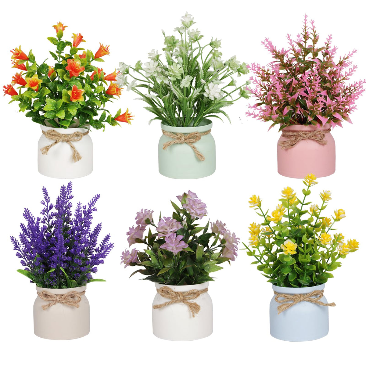 Yoratee 6PCS Artificial Flowers Pot Small Fake Plants with Mini Potted Plants for Home Office Tabletop Centerpiece Decoration