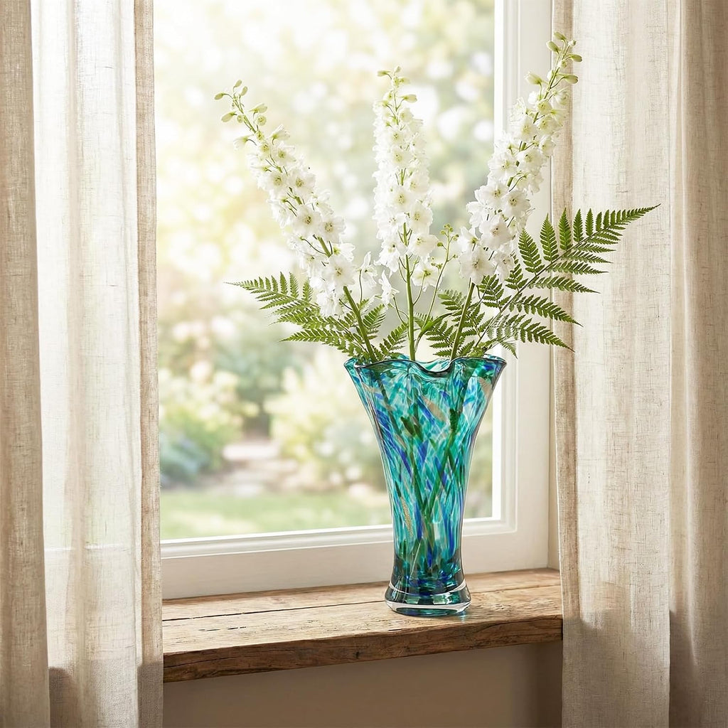 LCCCK 9.0" H Teal Glass Vases for Flower, Unique Hand Blown Glass Vase
