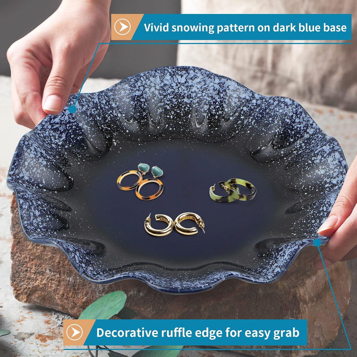 Ceramic Decorative Dish, 10" Centerpiece Decor Tray, Jewelry Holder Plate with Ruffle Edge for Entryway, Kitchen, Bedroom, Living Room Decoration (Blue)
