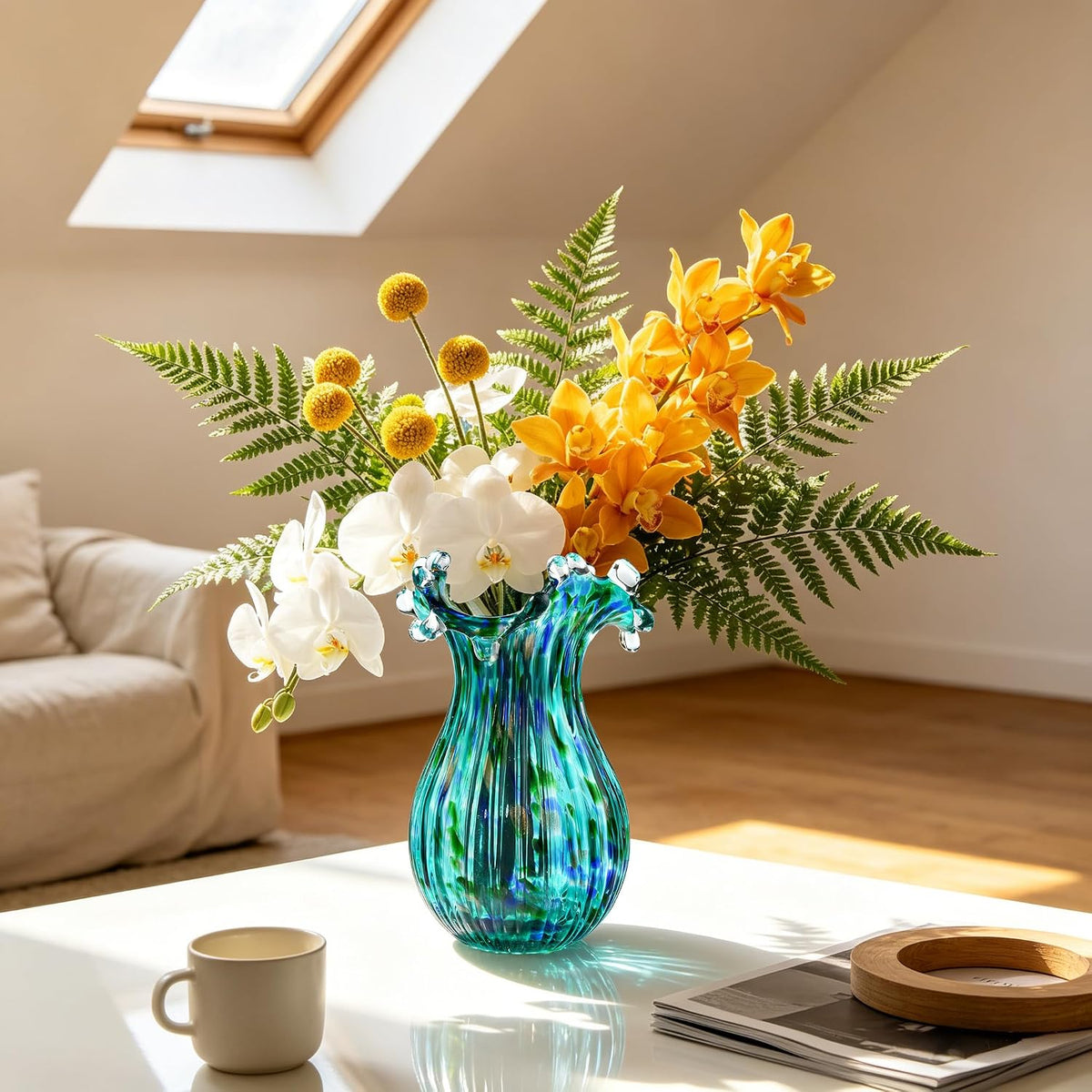 9 inch Tall Green Glass Vases for Flowers, Unique Hand Blown Glass Flower Vase, Large Turquoise Glass Home Table Centerpiece for Floral Bouquet Decorations
