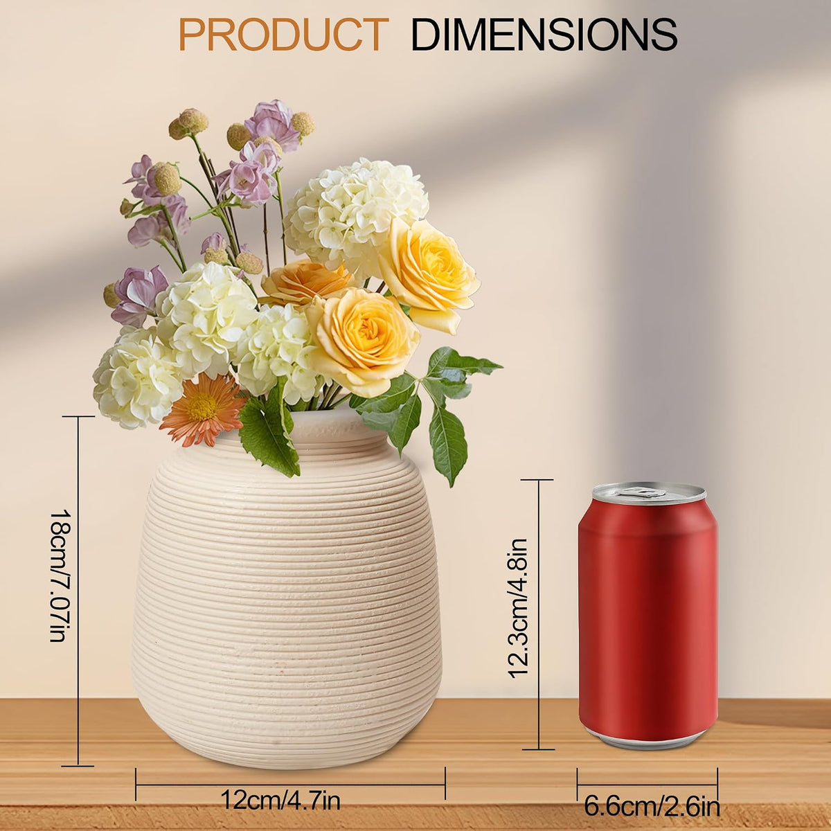 Ceramic Vase Set of 2 Ribbed Matte Rustic Farmhouse Decor