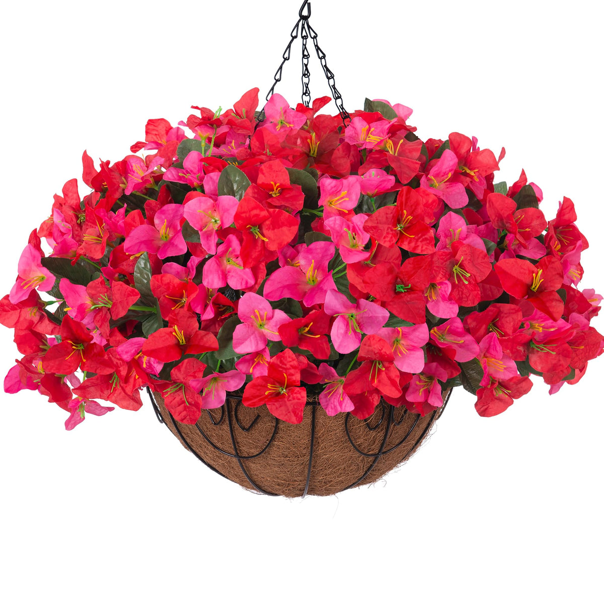 Artificial Hanging Flowers Faux Plants Basket for Outdoors Fall Winter Decor, Fake Silk Bougainvillea in Planter Outdoor Look Real UV Resistant Faux Flower for Outside Porch Patio Garden Home, White