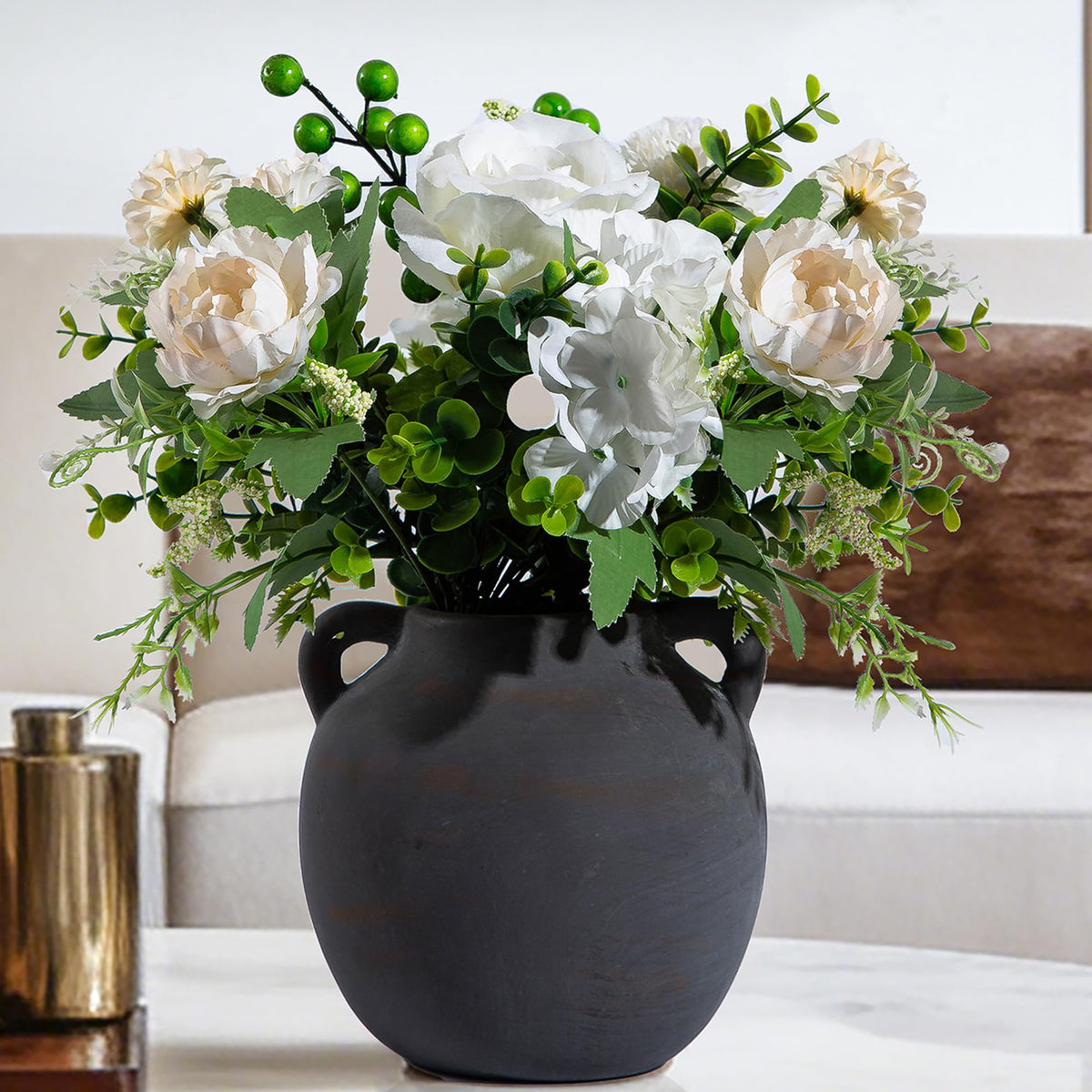 Ceramic Flower Vase, 7.4 Inch Rustic Farmhouse Pottery Decor