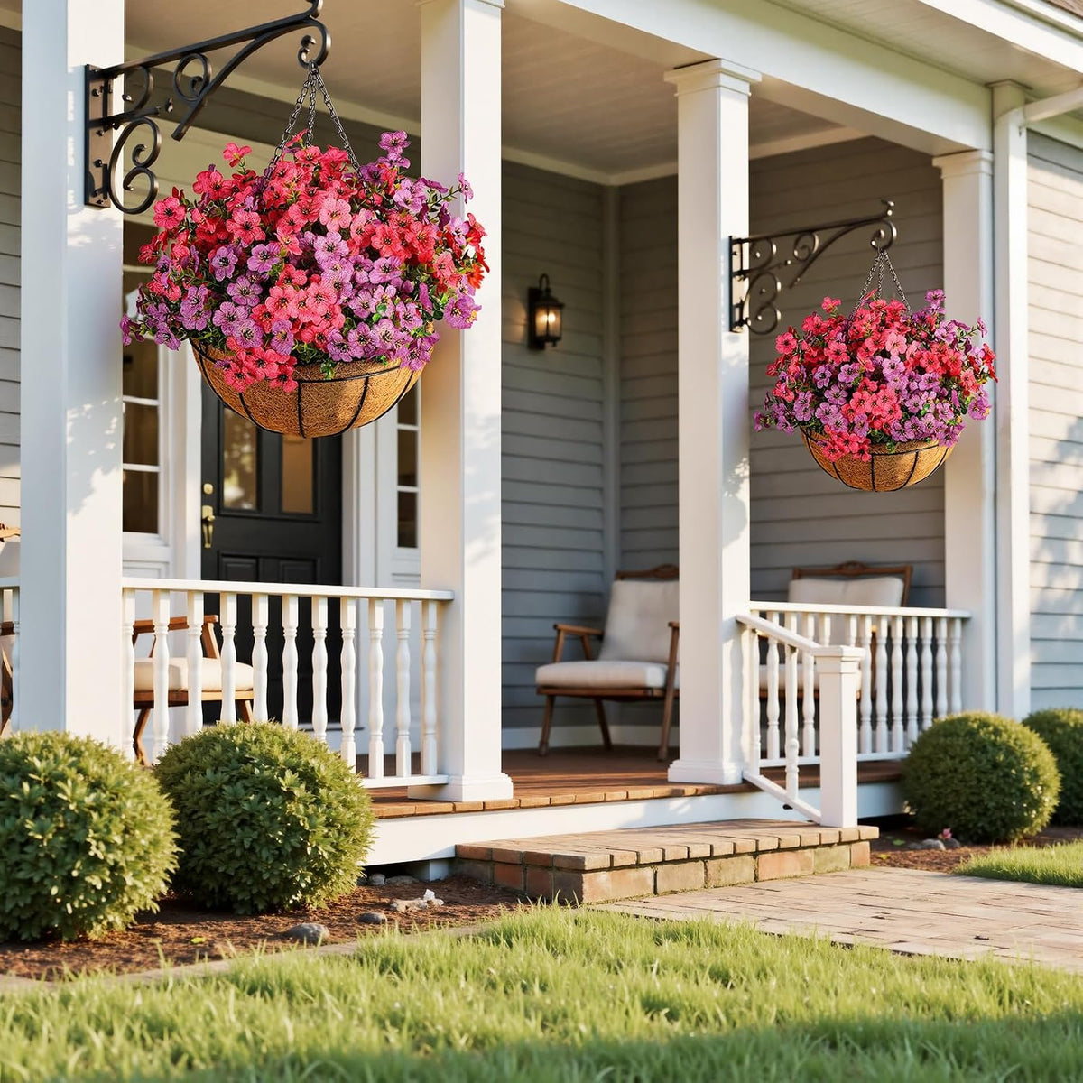 Artificial Outdoors Flowers with Hanging Basket, UV Resistant Fake Hanging Flowers for Spring Summer Decoration, Faux Silk Plants with Planters for Porch Home Patio Balcony Yard (Rose Red, Purple)