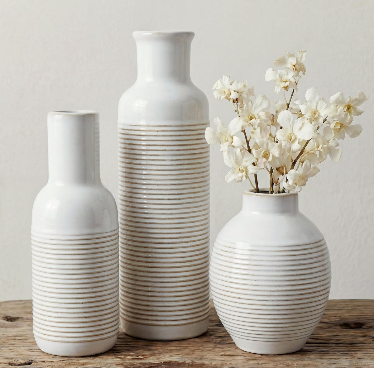 Rustic Farmhouse Vase Set of 3 - Ceramic Decorative Vases Home Decor - Pampas Grass Dried Fresh Flowers - for Centerpiece, Table, Mantel Entryway, Kitchen, Bedroom (White2)