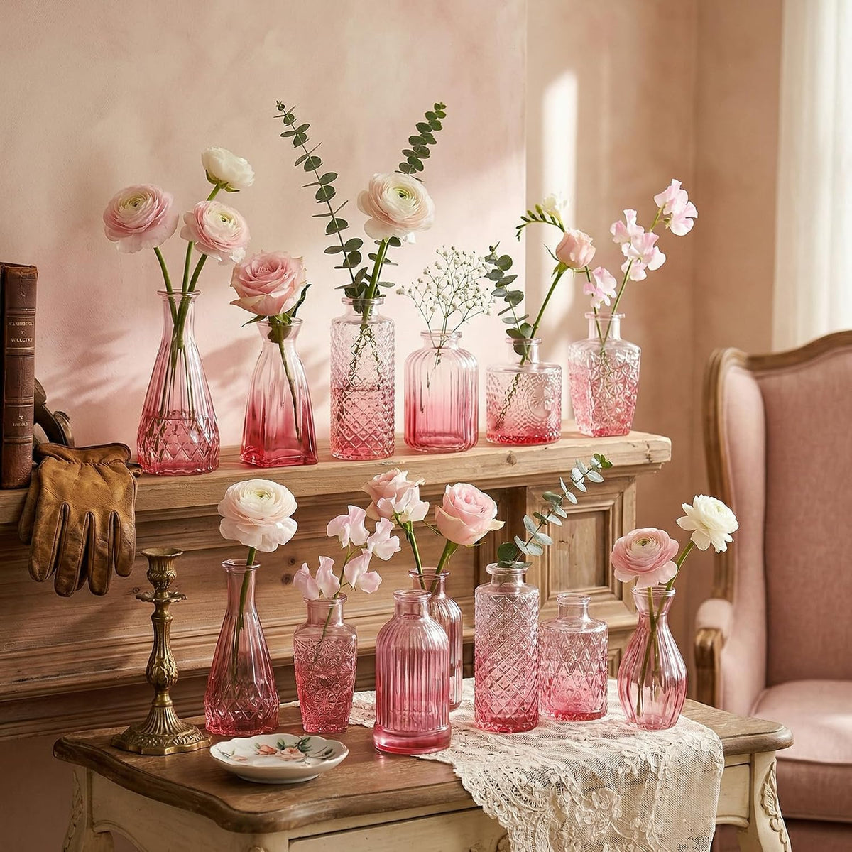 CUCUMI 12pcs Bud Vases for Centerpieces, Pink Glass Vase Set