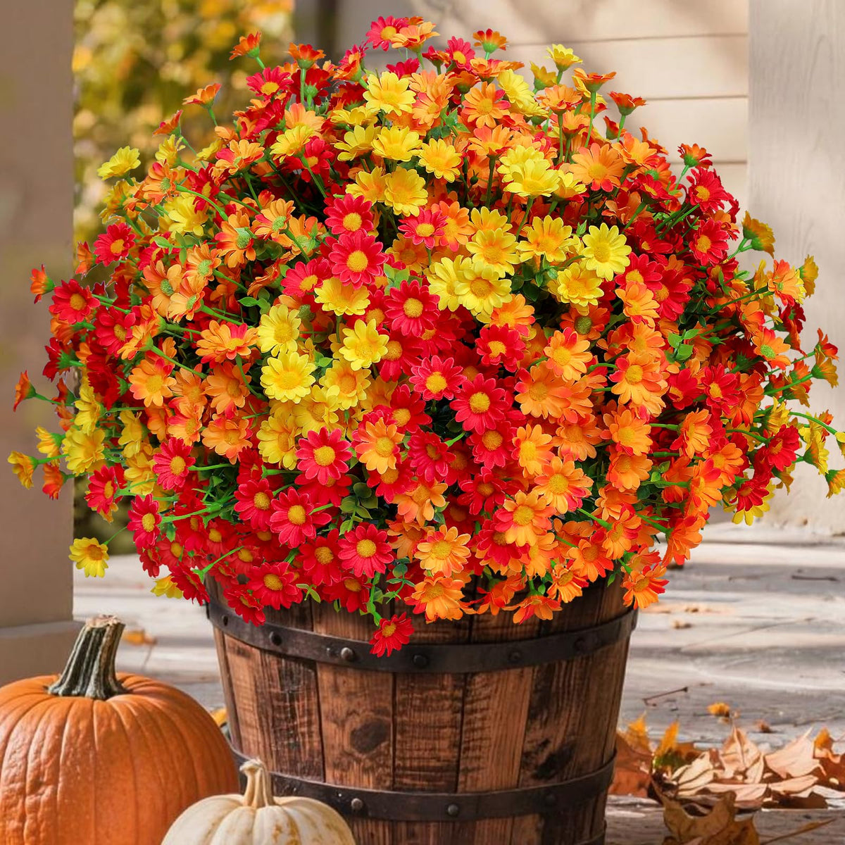 alyptus Fake Flowers Yellow Fall Flowers for Outdoors - 8 Bundles Artificial Mums UV Resistant for Home Garden Window Fall Decor
