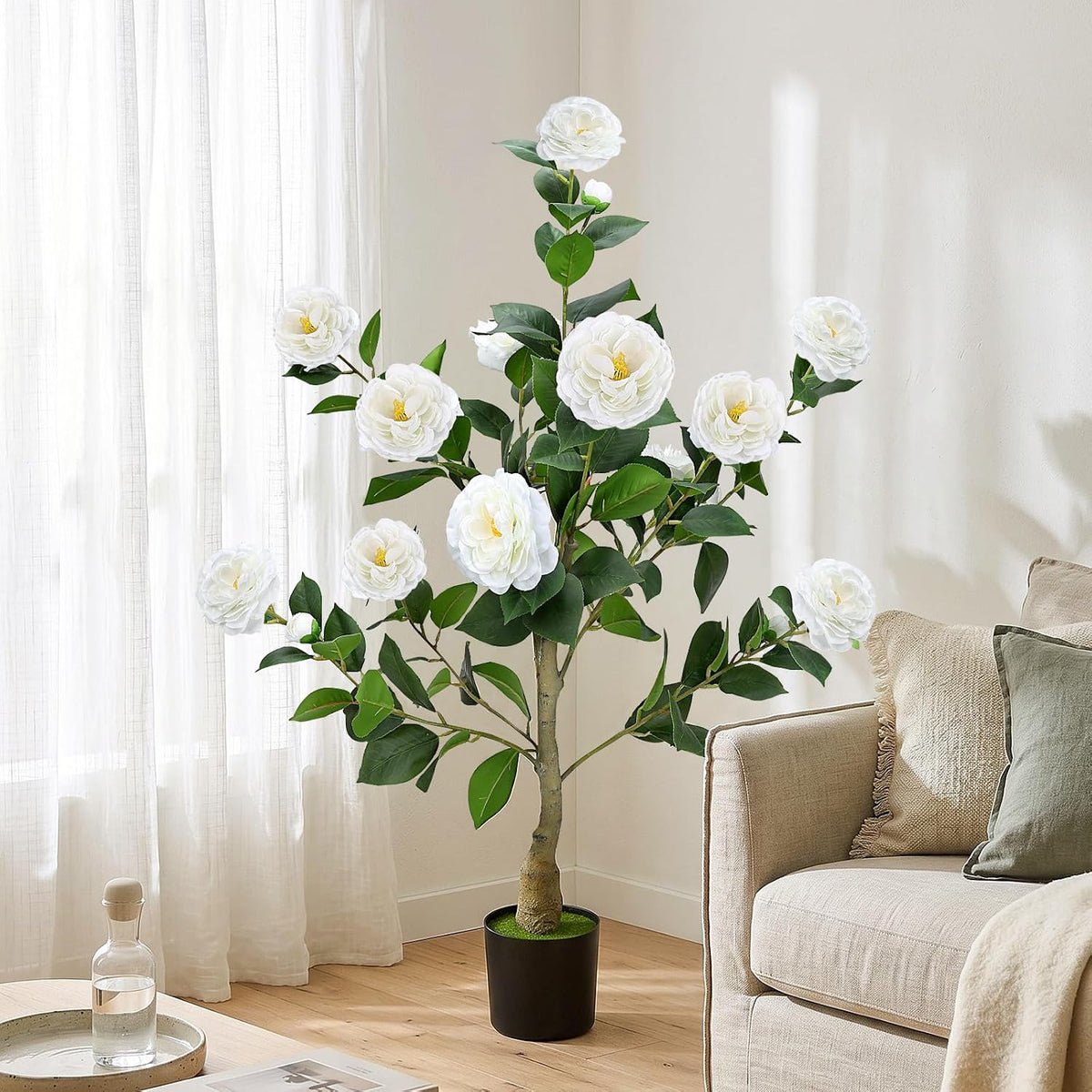 2 Pack 3FT Artificial Camellia Trees with White Flower for Outdoor