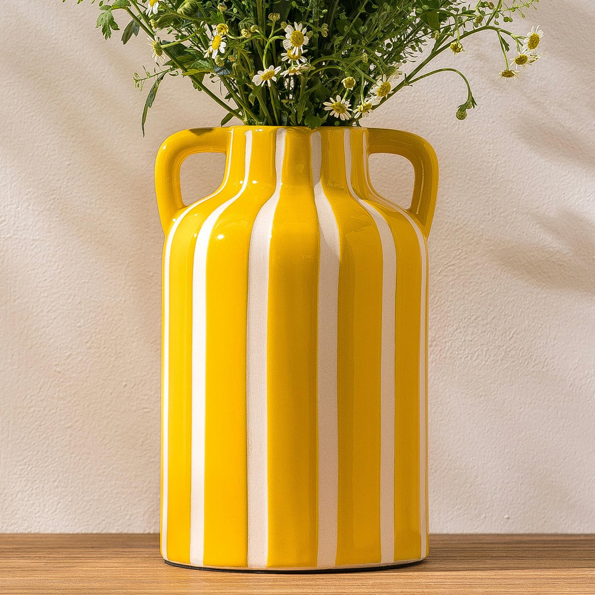 SURE YUESI Black Ceramic Vase with Handles, 9.1 Inch Striped Flower Vase for Halloween Decor, Modern Farmhouse Vase for Pampas Grass, Shelf Decor, Dining Table Centerpiece