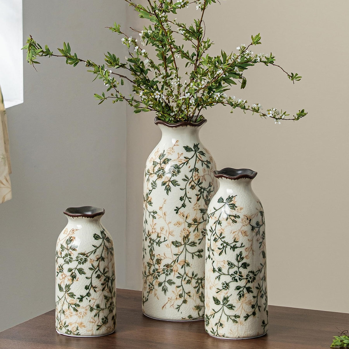 Ceramic Flower Vase for Home Decor, Vintage Green Decorative Vase 6.7 Inch