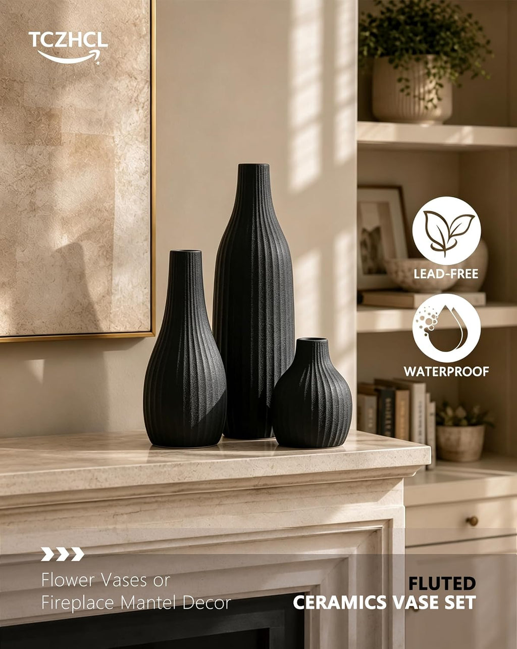 Minimal Line Black Ceramic Vase Set of 3, Matte Decorative Flower Vases