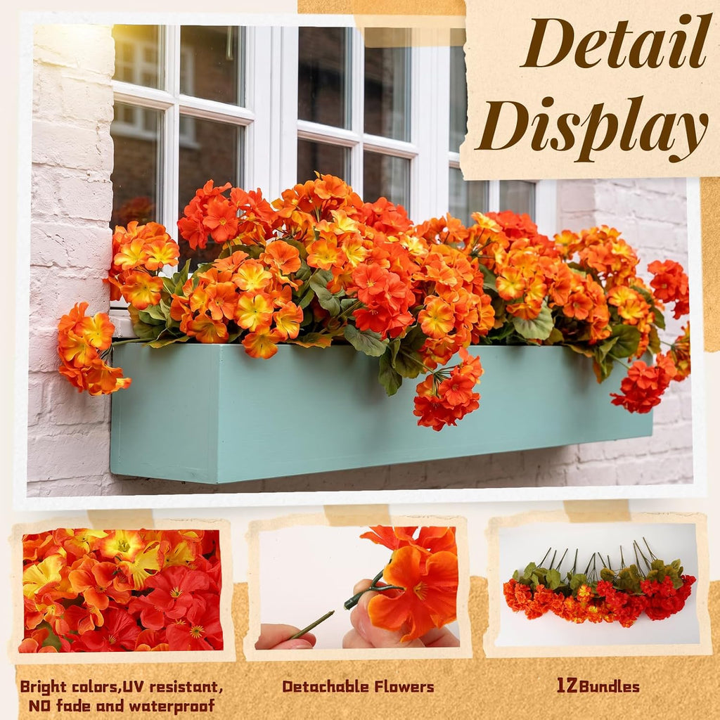 12Pcs Artificial Geraniums for Outdoor, Fall Silk Fake Flowers