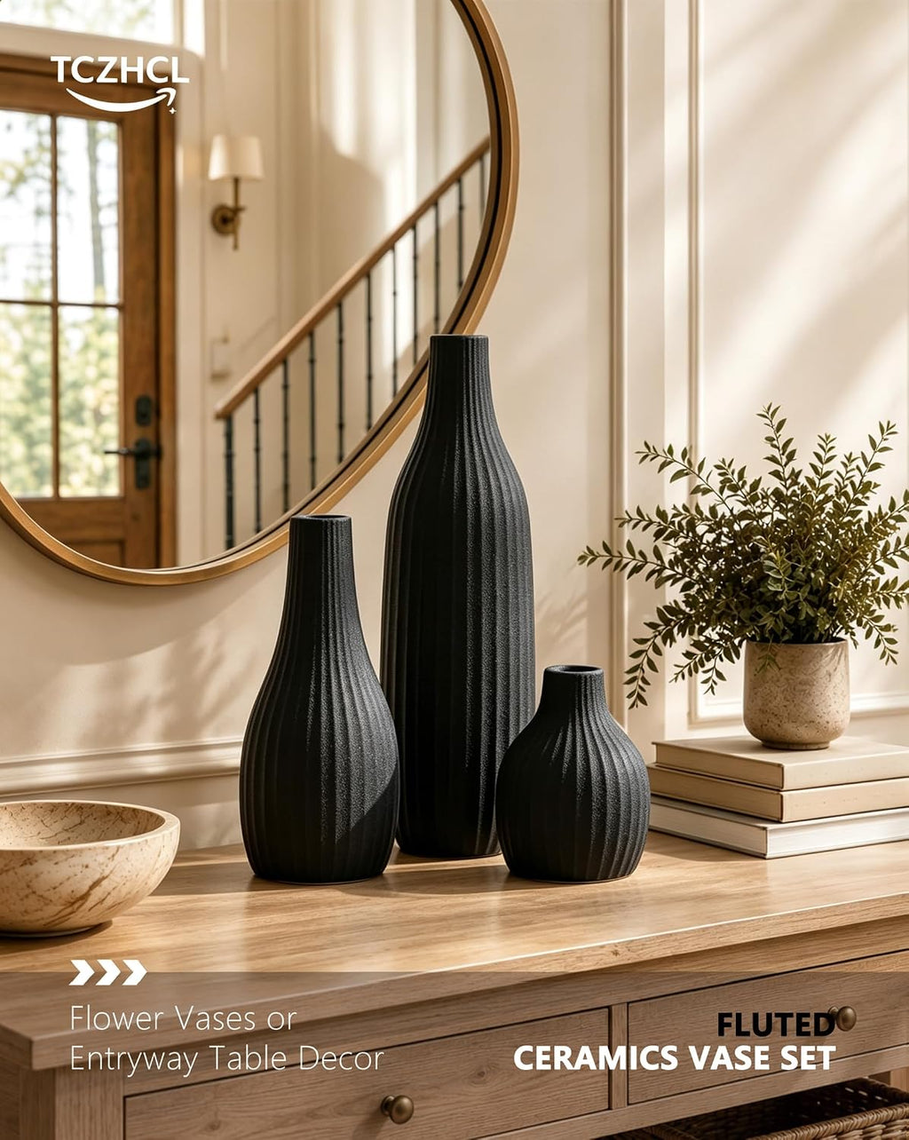 Minimal Line Black Ceramic Vase Set of 3, Matte Decorative Flower Vases