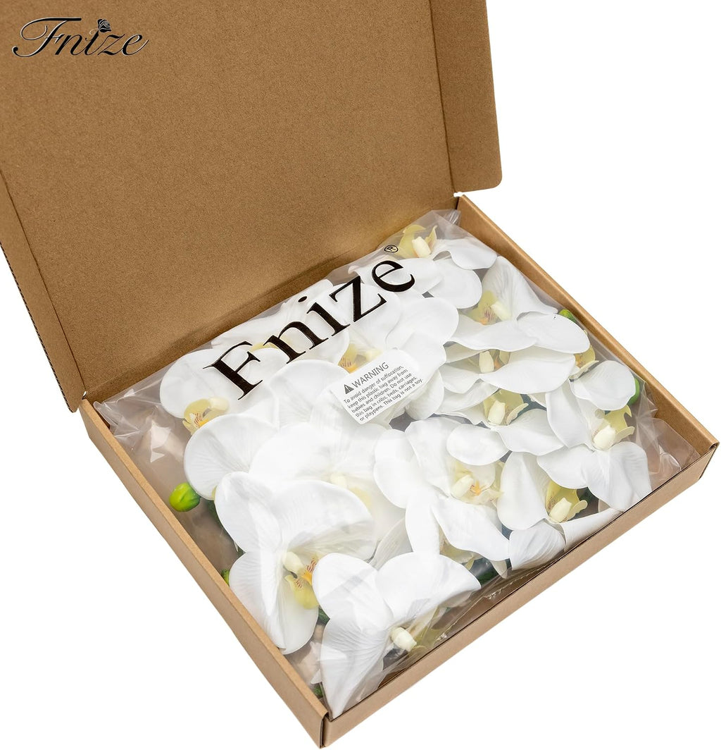 Fnize Orchid Stems Artificial Flowers Real Touch Latex White 38 Inch 2pcs