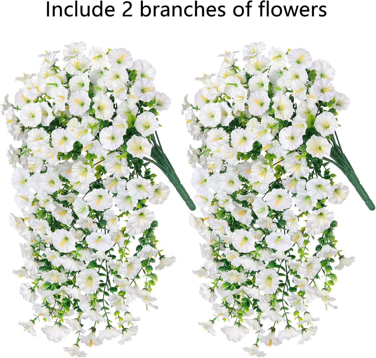 Artificial Faux Hanging Flowers Plants for Outdoor Decor,2 PCS Fake Silk Morning Glory with Eucalyptus UV Resistant Realistic Trailing Vines for Wall Home Porch Patio Balcony Yard Indoor Decor,White