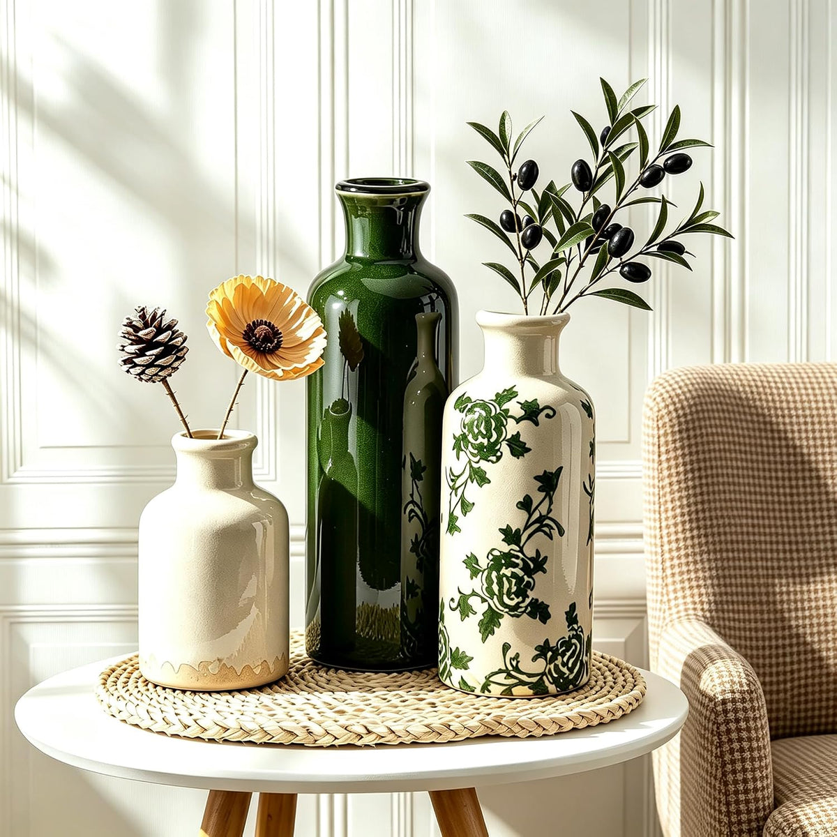 Ceramic Vintage Vase Set of 3, Green and White Crackle Glaze, Chinoiserie Floral Decor for Farmhouse Shelf, Table Centerpiece, Mantel, Living Room & Office