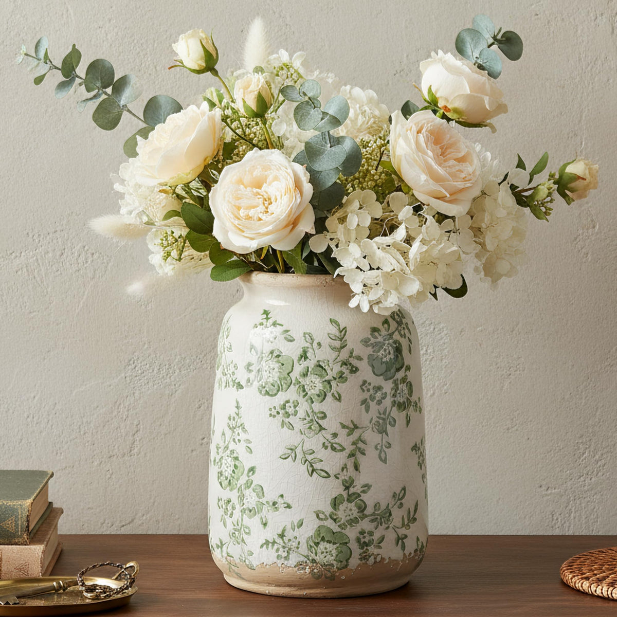 Ronasip Vintage Blue and White Chinoiserie Ceramic Vase, 6.9” Hand-Painted Peony Floral Design, Antique Style Vases for Home Decor, Centerpieces, Living Room, Balcony (Blue and White)