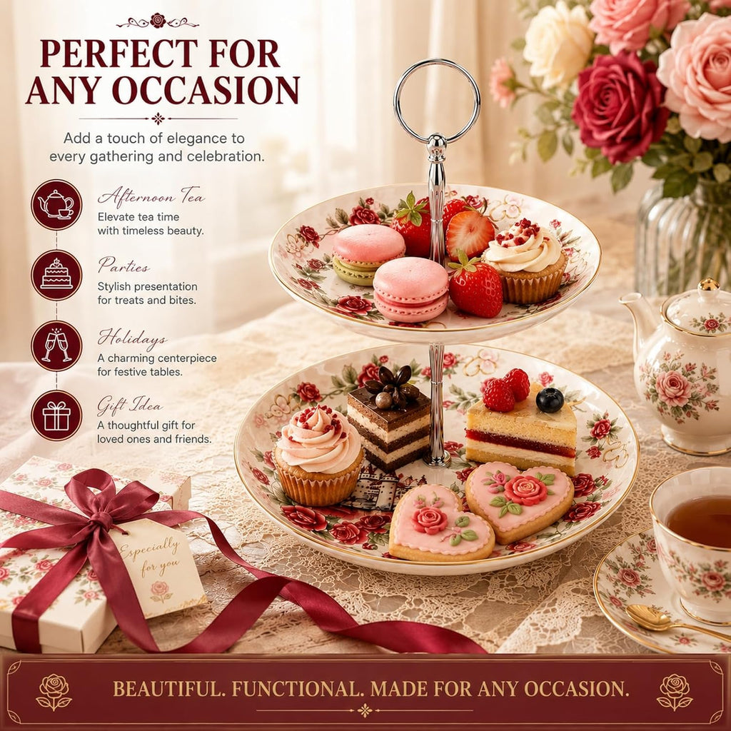 Rose Floral 2-Tier Serving Stand, Ceramic Cupcake & Dessert Tray