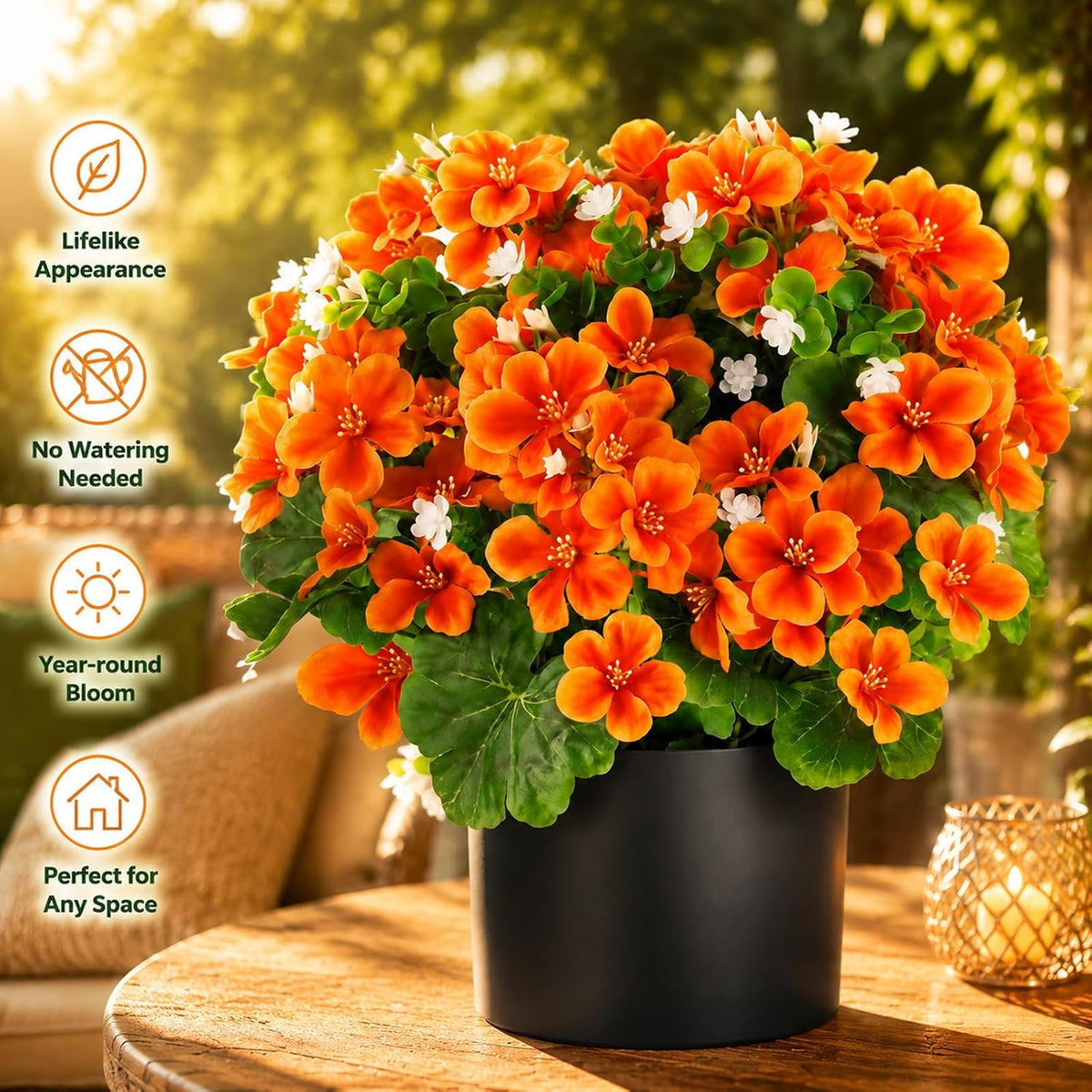 15'' Fake Plants Artificial Geranium Flower in Pot Fall Décor(Orange)