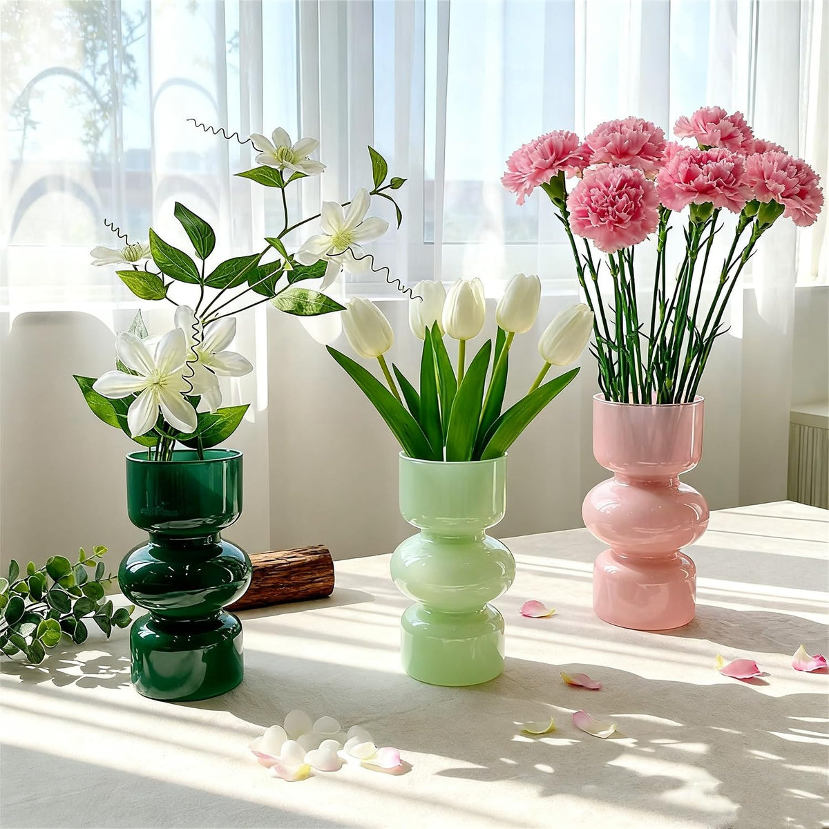 JSPYFITS Glass Hydroponic Flower Vase, 7 Inches Colored Bubble Vase for Flowers, Three-Layer Funky Vase for Home/Office/Weddings/Party Table Flowers Decor, Milky Green
