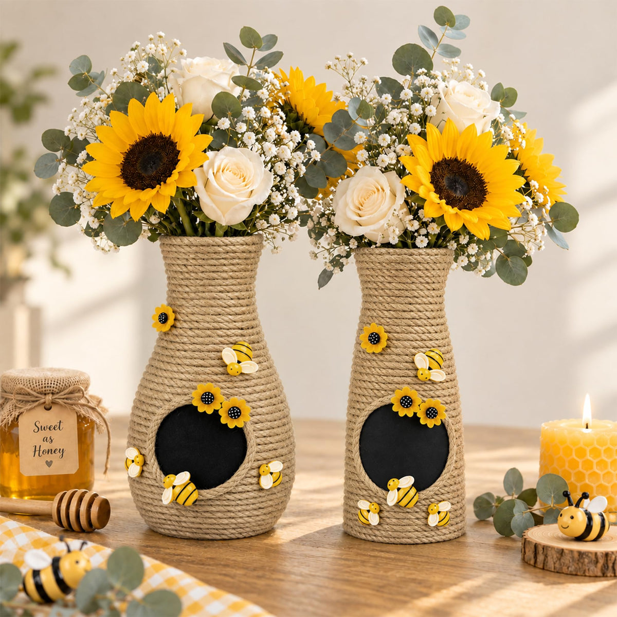 2 Pcs 8 in Honeybee Vase Decor, Rustic Jute Rope Bee Hive Centerpieces