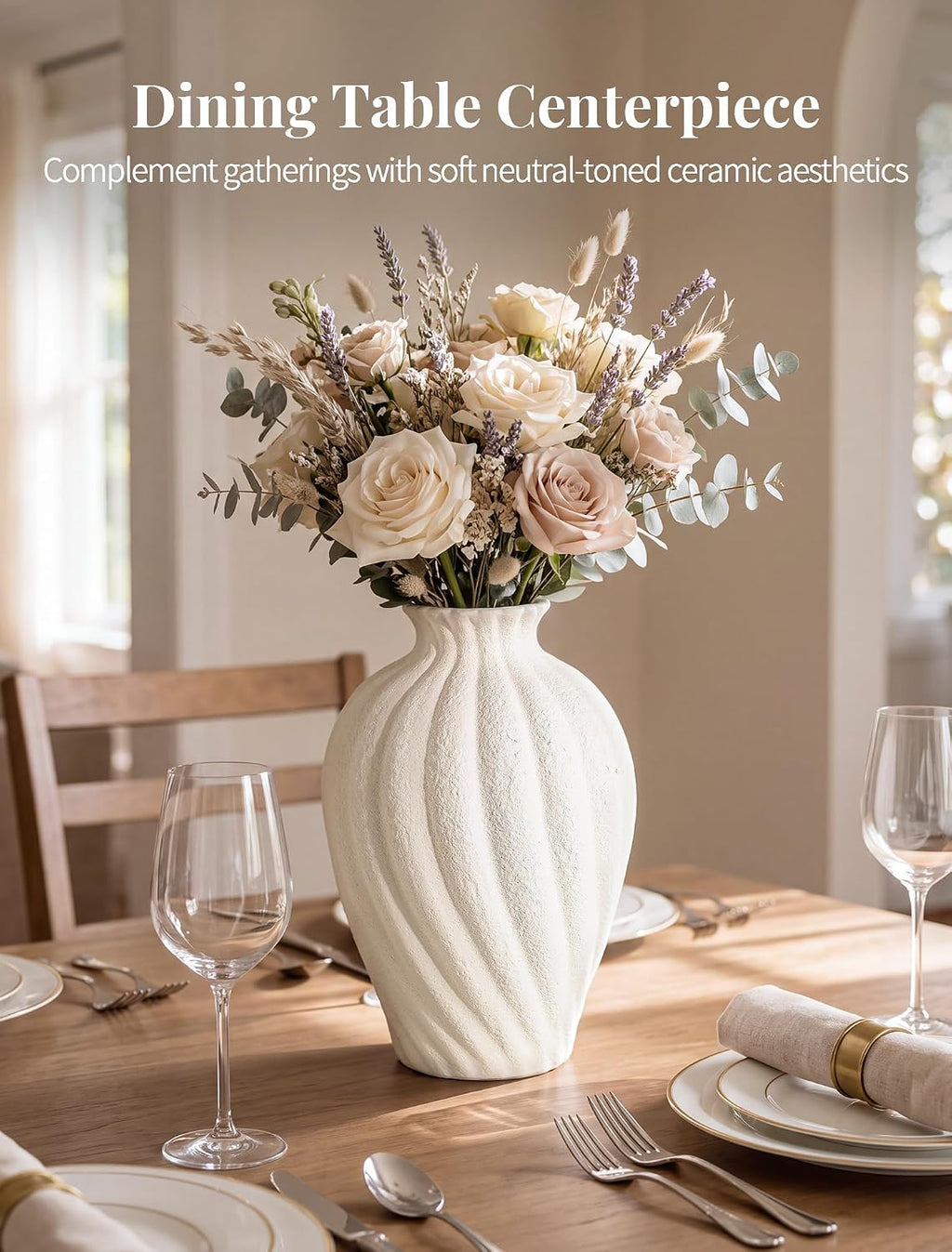 NUPTIO Ceramic Vase Living Room: 10.4" White Farmhouse Home Decor Table