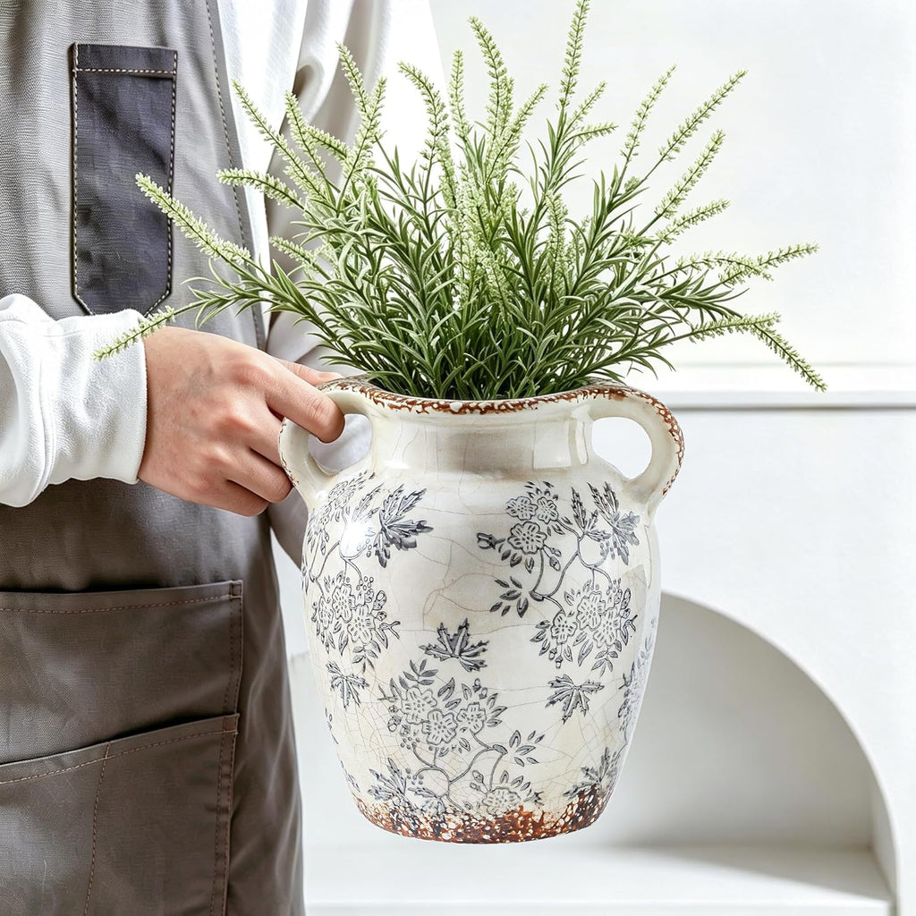 Enra Blue and White Ceramic Vase with Handles, Chinoiserie Floral Decor