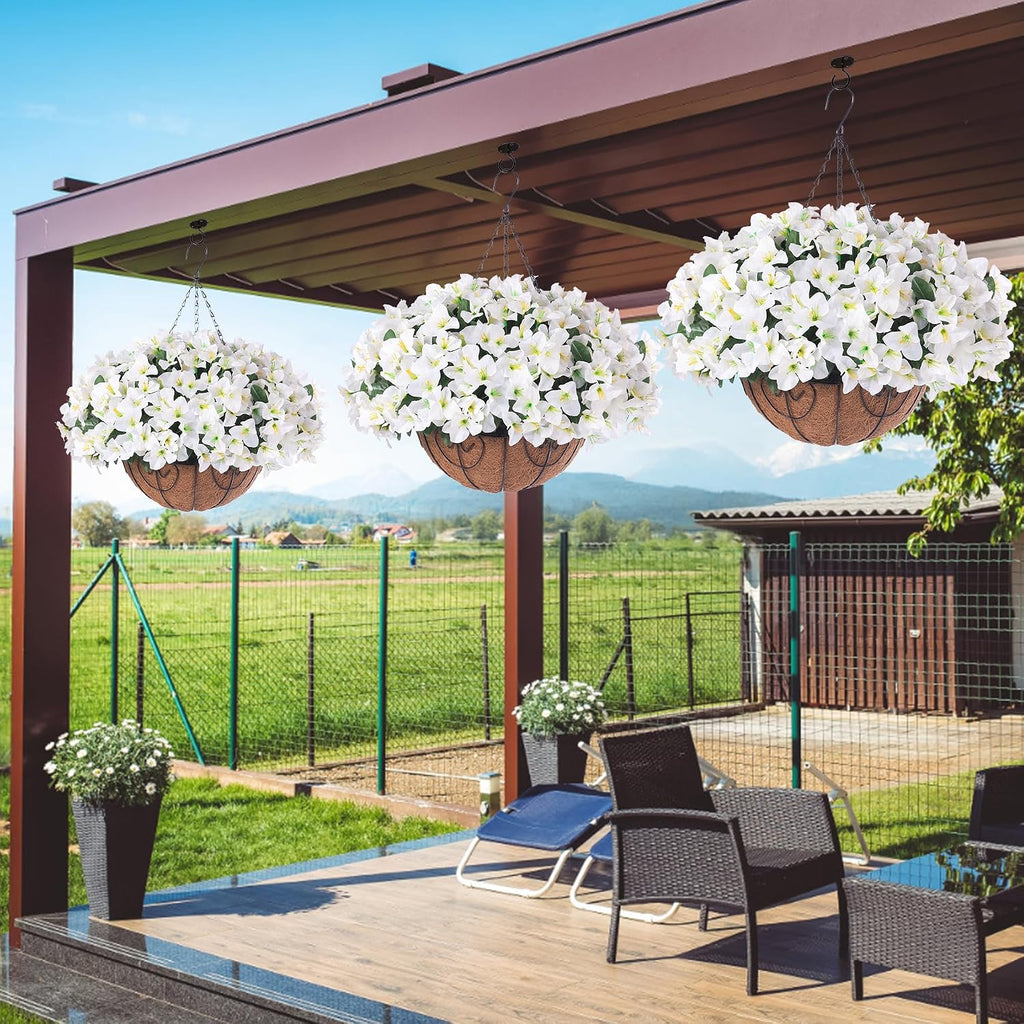 Artificial Hanging Flowers Faux Plants Basket for Outdoors Fall Winter Decor, Fake Silk Bougainvillea in Planter Outdoor Look Real UV Resistant Faux Flower for Outside Porch Patio Garden Home, White