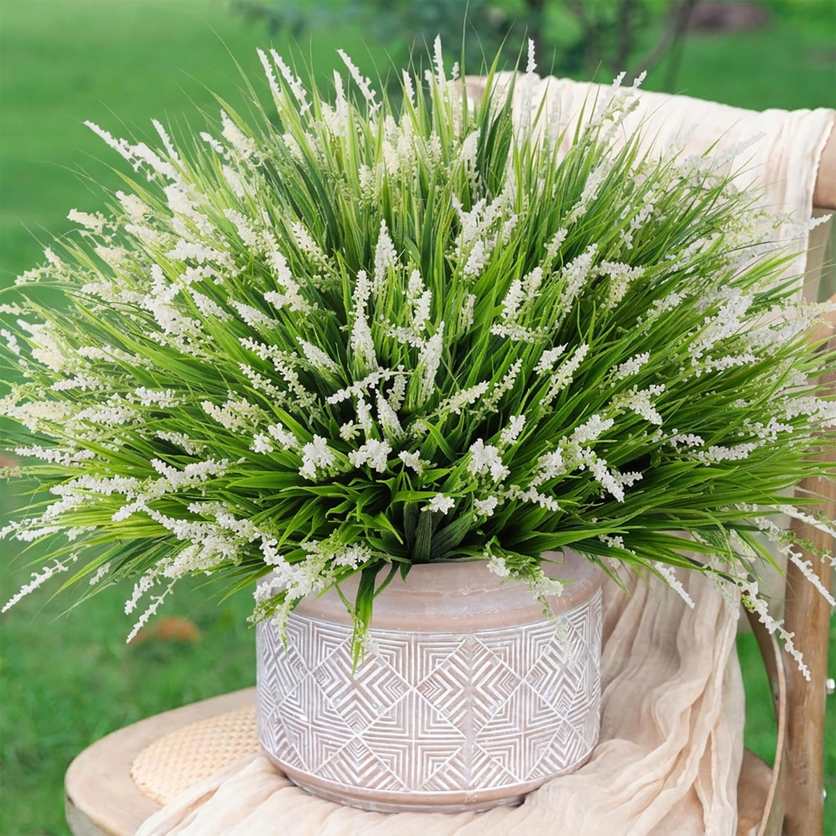 HyeFlora 20 Bundles Artificial Fake Outdoor Plants Flowers for Spring Decoration, UV Resistant Realistic White Plastic Flowers Faux Plant Monkey Grass for Planter Home Garden Porch Patio Window Box